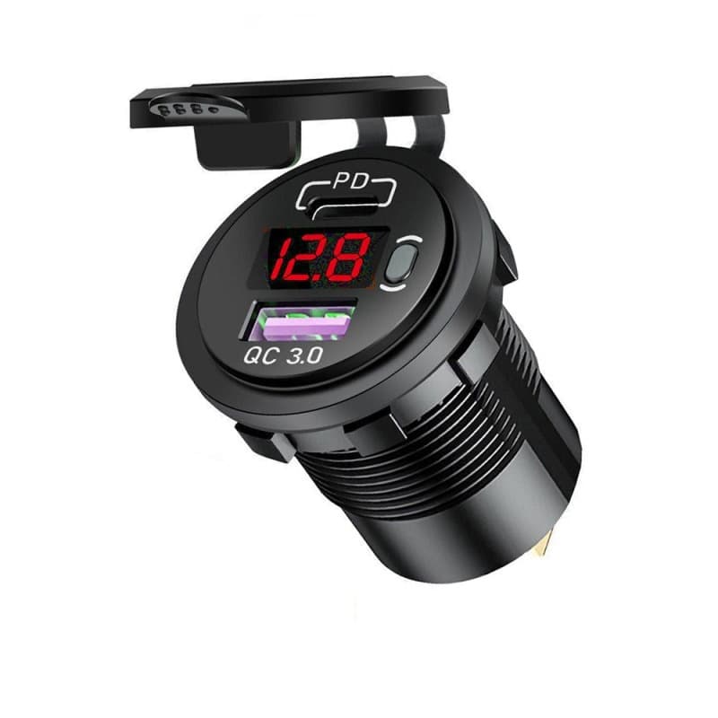 شارژر USB خودرویی روپنلی گرد قرمز QC3.0 + Type-C با نمایشگر ولتاژ و کلید ON/OFF