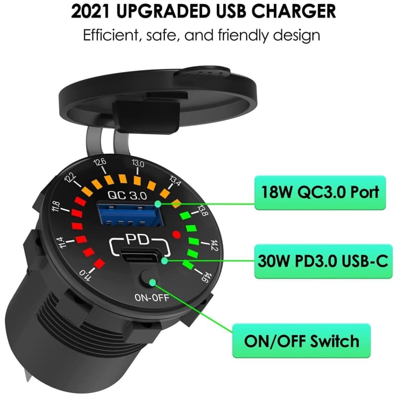 شارژر USB خودرویی روپنلی گرد QC3.0 + Type-C با کلید ON/OFF و نشانگر ولتاژ — تصویر ۵