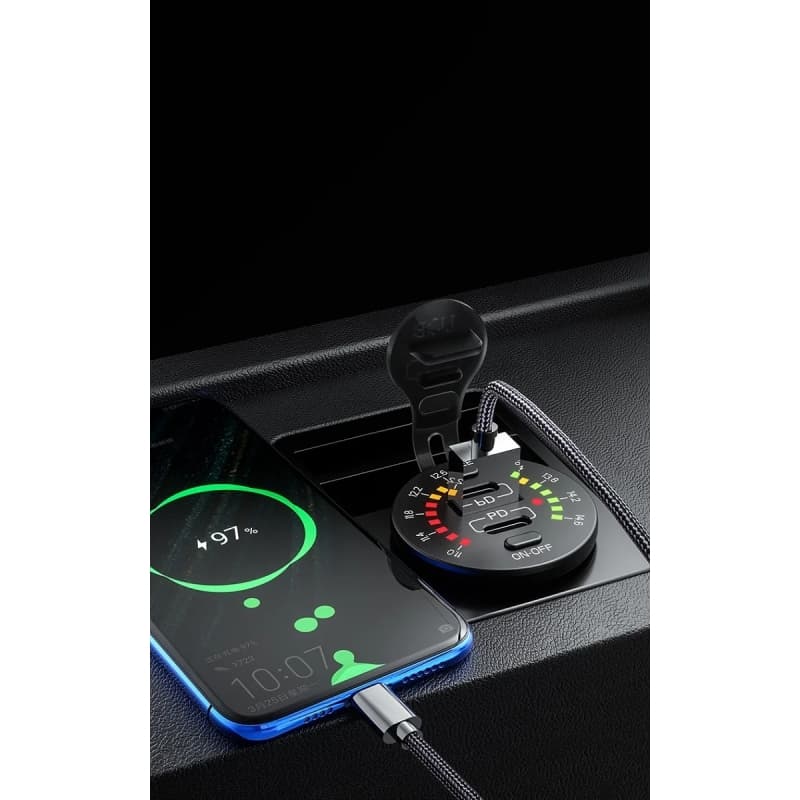 شارژر USB خودرویی روپنلی گرد QC3.0 + Type-C با کلید ON/OFF و نشانگر ولتاژ — تصویر ۴