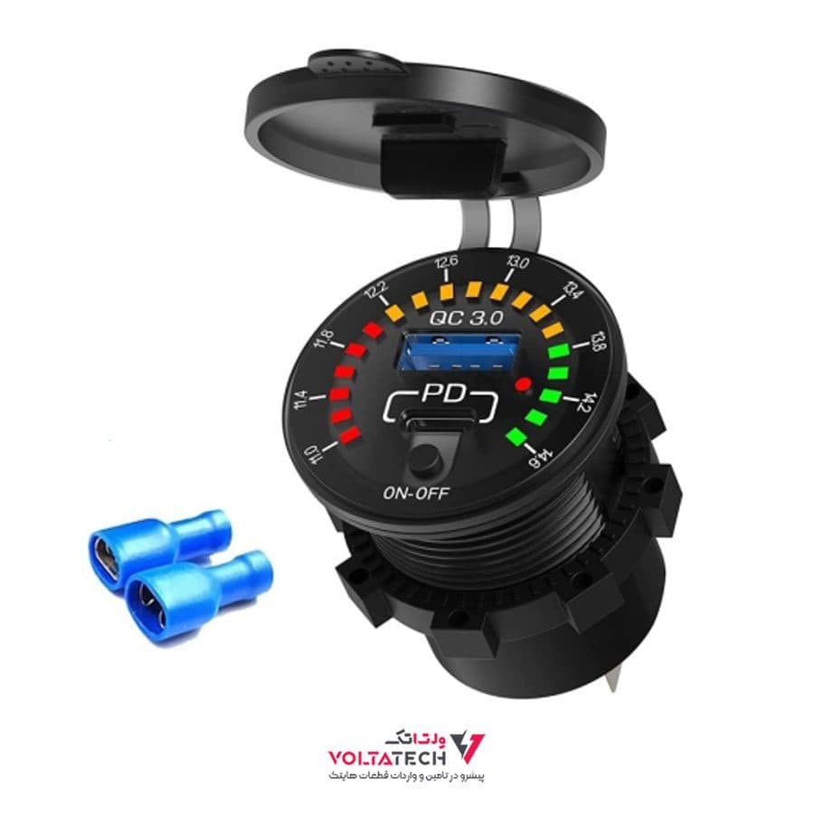 شارژر USB خودرویی روپنلی گرد QC3.0 + Type-C با کلید ON/OFF و نشانگر ولتاژ — تصویر ۱۰