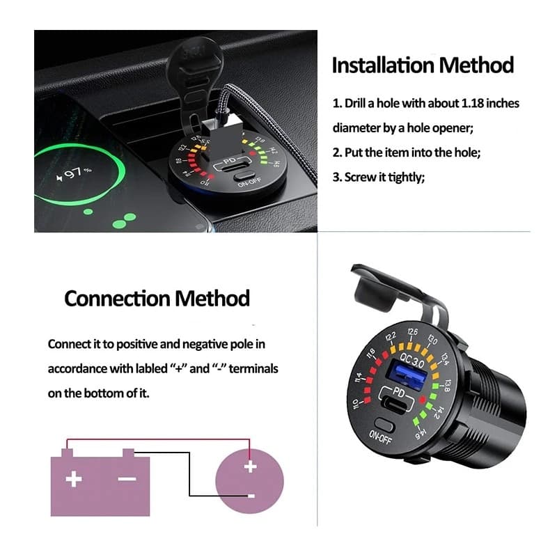 شارژر USB خودرویی روپنلی گرد QC3.0 + Type-C با کلید ON/OFF و نشانگر ولتاژ — تصویر ۸