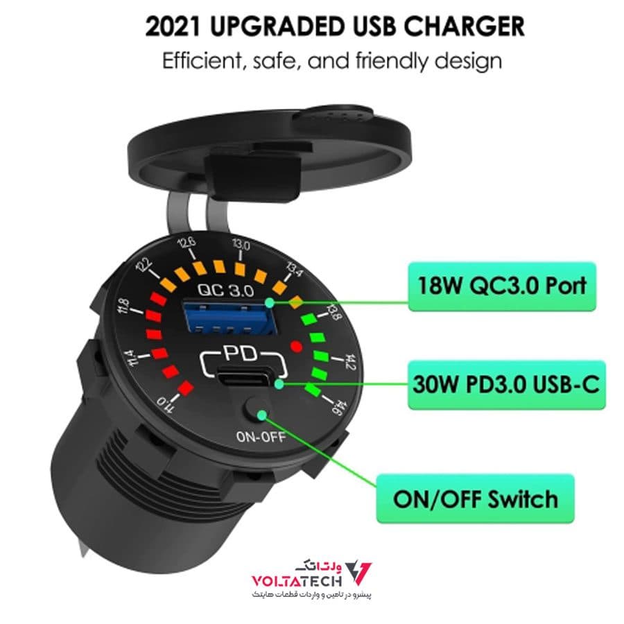 شارژر USB خودرویی روپنلی گرد QC3.0 + Type-C با کلید ON/OFF و نشانگر ولتاژ — تصویر ۱۲