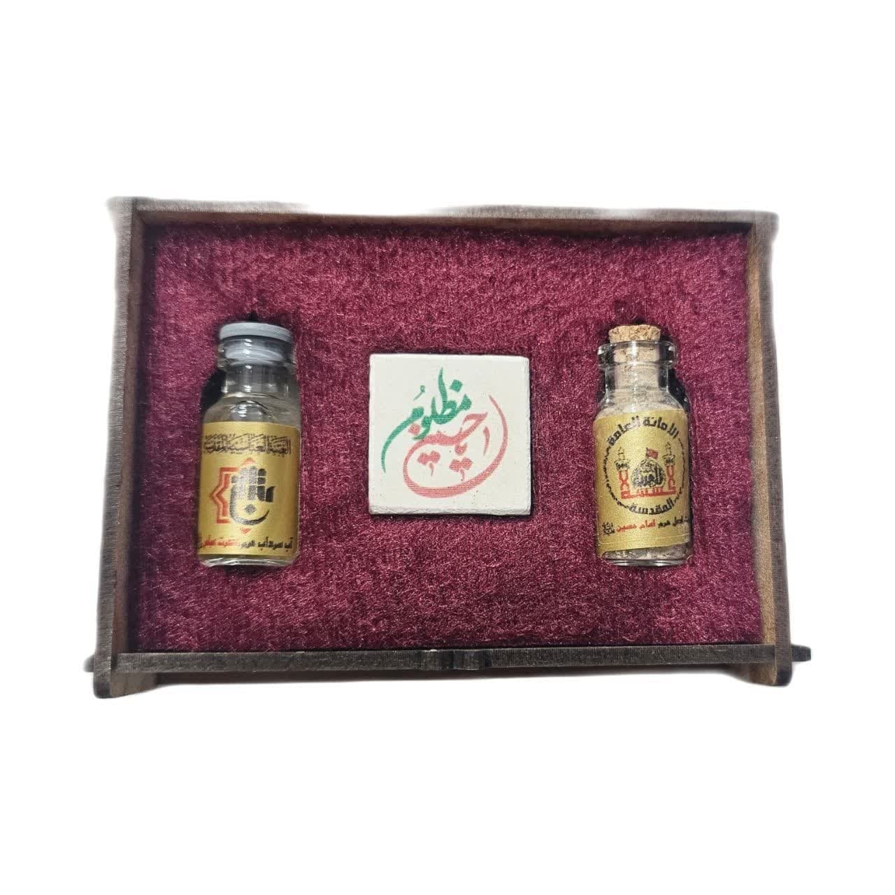 سنگ حرم امام حسین (ع) با هدیه تربت اصل کربلا و آب سرداب حرم حضرت ابالفضل (ع) با جعبه — تصویر ۵