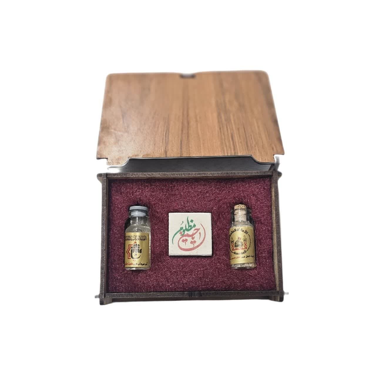 سنگ حرم امام حسین (ع) با هدیه تربت اصل کربلا و آب سرداب حرم حضرت ابالفضل (ع) با جعبه — تصویر ۷