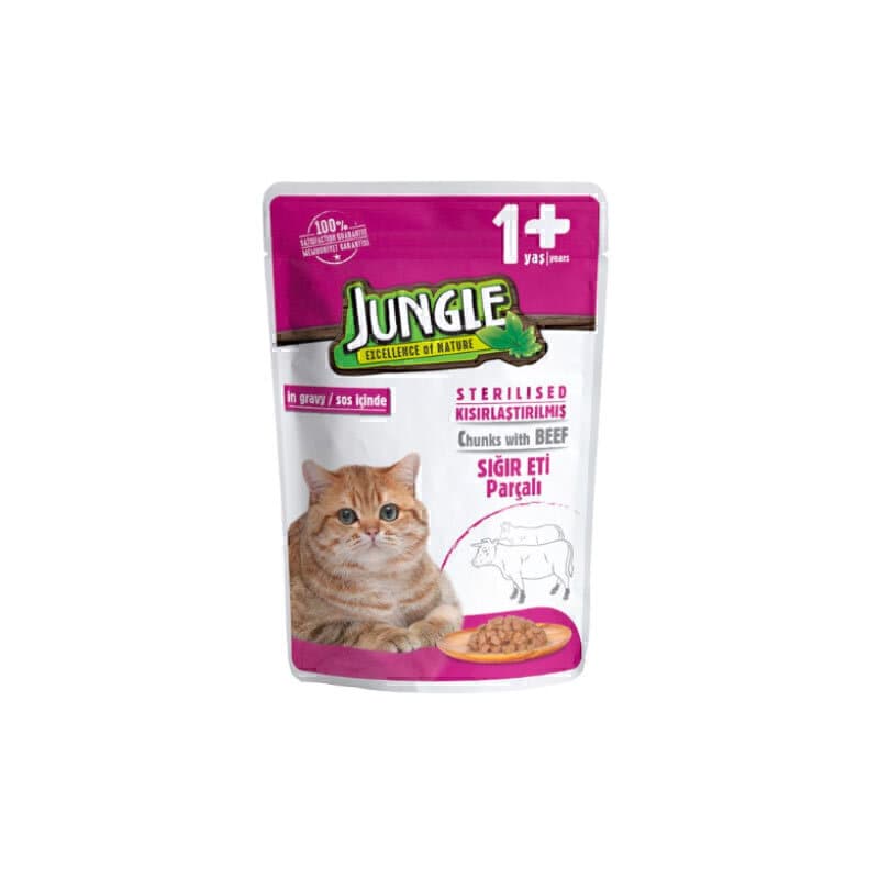 پوچ گربه عقیم شده جانگل با طعم گوشت گاو در سس Jungle Sterilised Chunks With Beef وزن 100 گرم