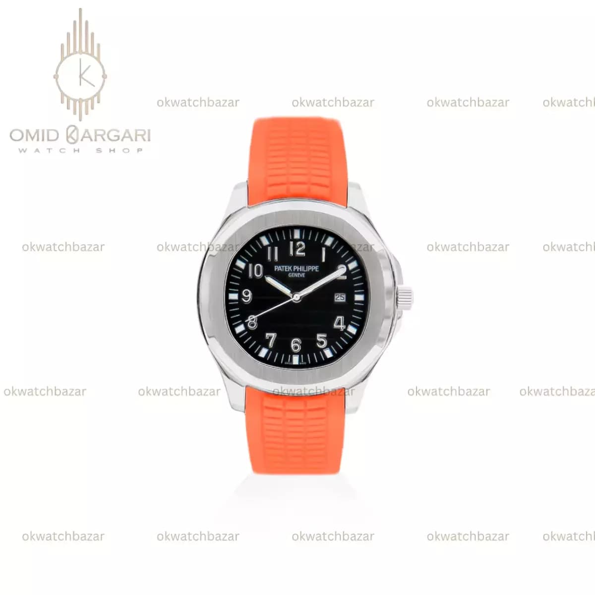 ساعت مچی پتک فیلیپ آکوانا بند رابر نارنجی صفحه مشکی Patek Philippe Aquanaut