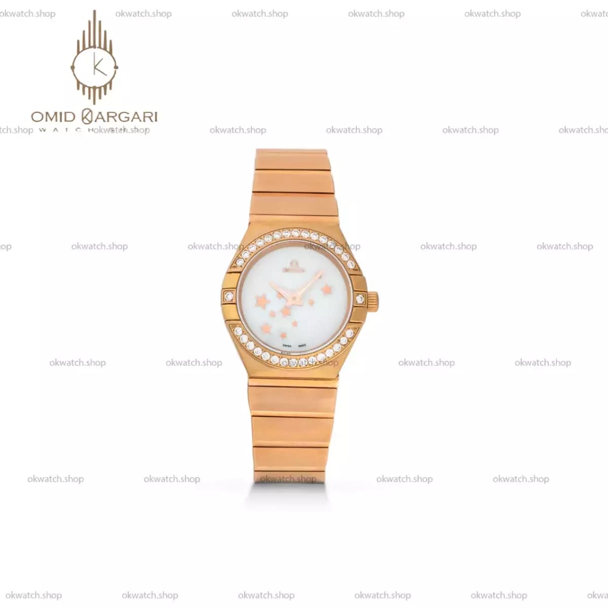 ساعت مچی امگا کانستلیشن صفحه طرحدار دور نگین رزگلد Omega Constellation