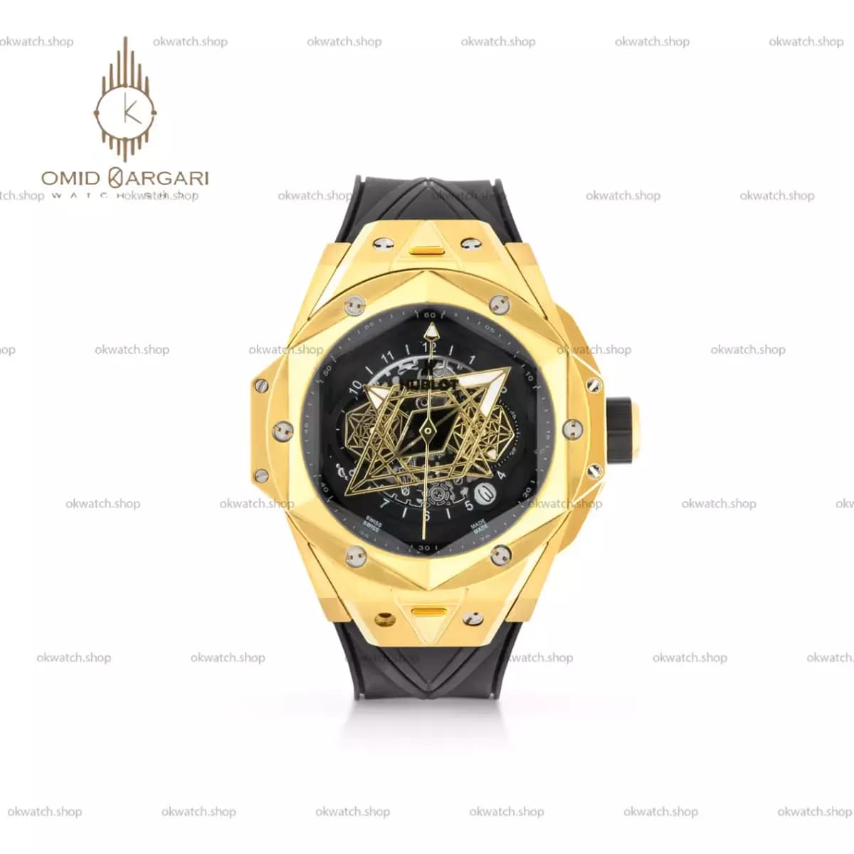 ساعت مچی هابلوت صفحه کهکشانی بند مشکی قاب طلایی Hublot Big Bang Unico Sang Bleu ii King Gold