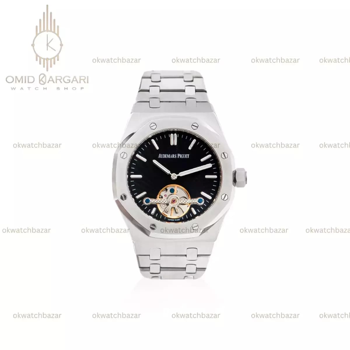 ساعت مچی اودمار پیگه اتوماتیک اوپن هارت سیلور صفحه مشکی Audemars Piguet