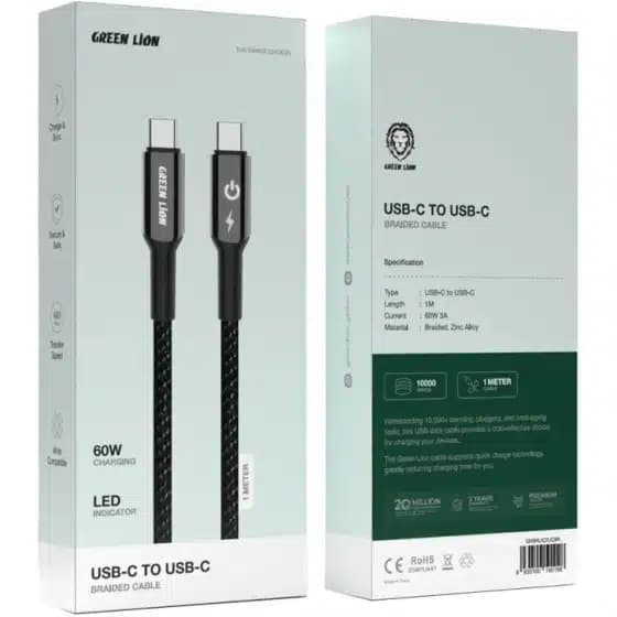 کابل شارژ کنفی USB-C به USB-C گرین لاین 60 وات