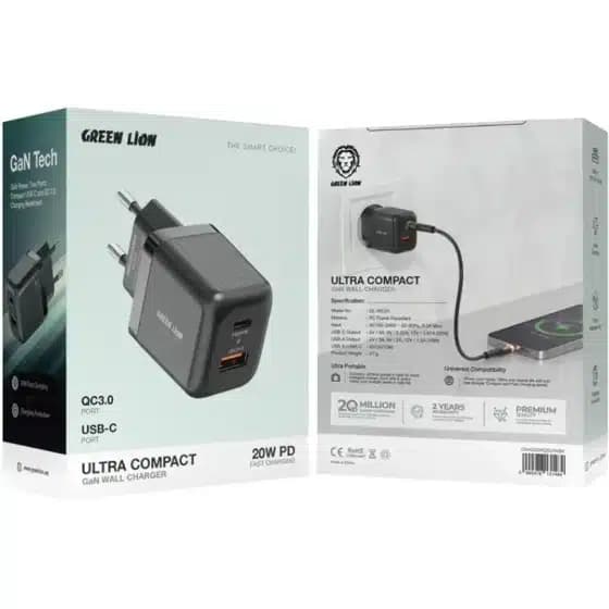شارژر دیواری 20 وات گرین لاین مدل Ultra Compact +کابل تایپ سی به تایپ سی
