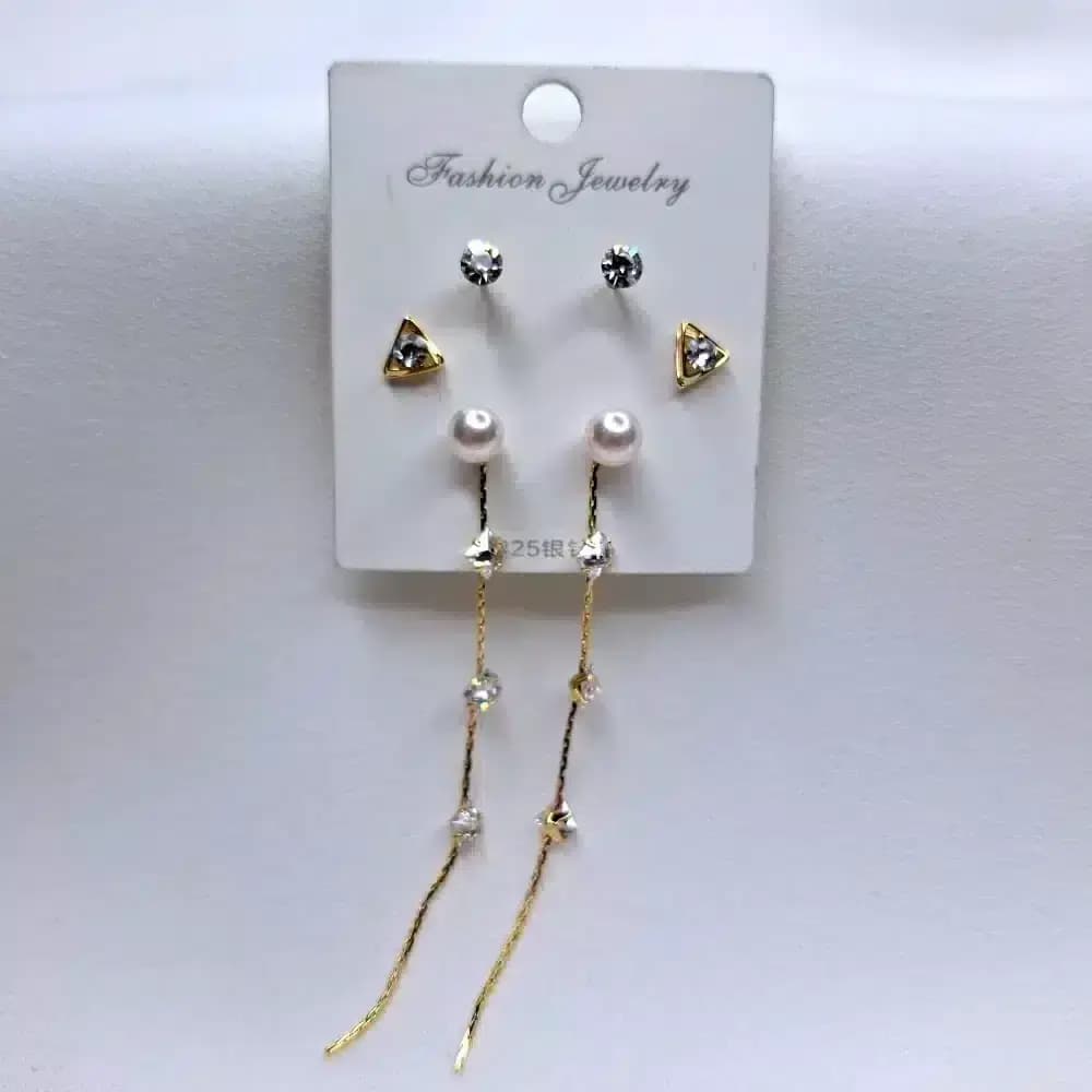 گوشواره زنانه سه تیکه آویز نگین دار مدل fashion jewellery 6700 — تصویر ۲