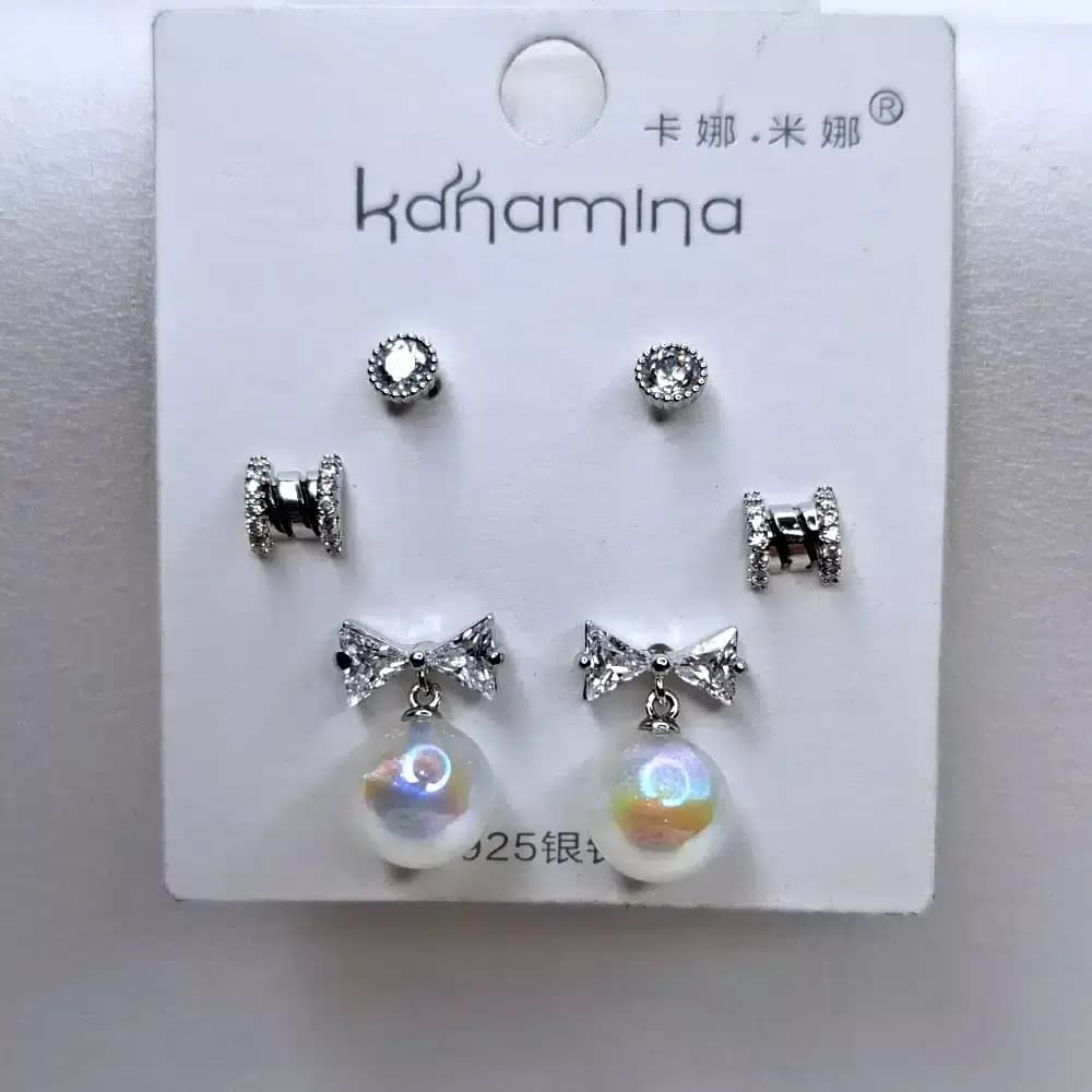 گوشواره زنانه سه تکه طرح پاپیون مرواریدی کانامینا مدل Kanamina 6689