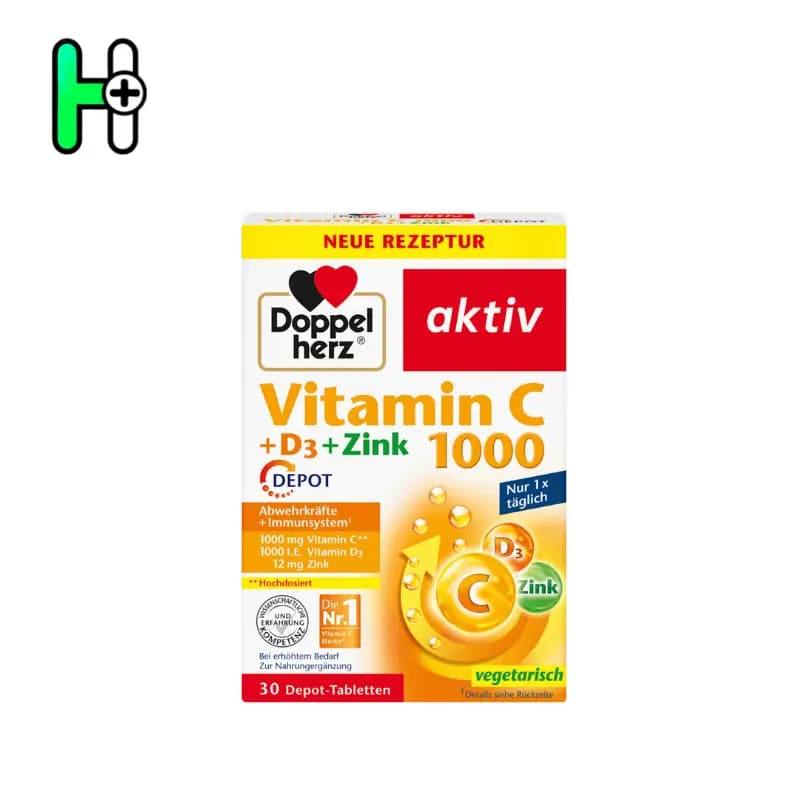قرص ویتامین سی و زینک دوپل هرز c۱۰۰۰Doppelherz aktiv Vitamin C 1000 + D3 + Zink — تصویر ۲