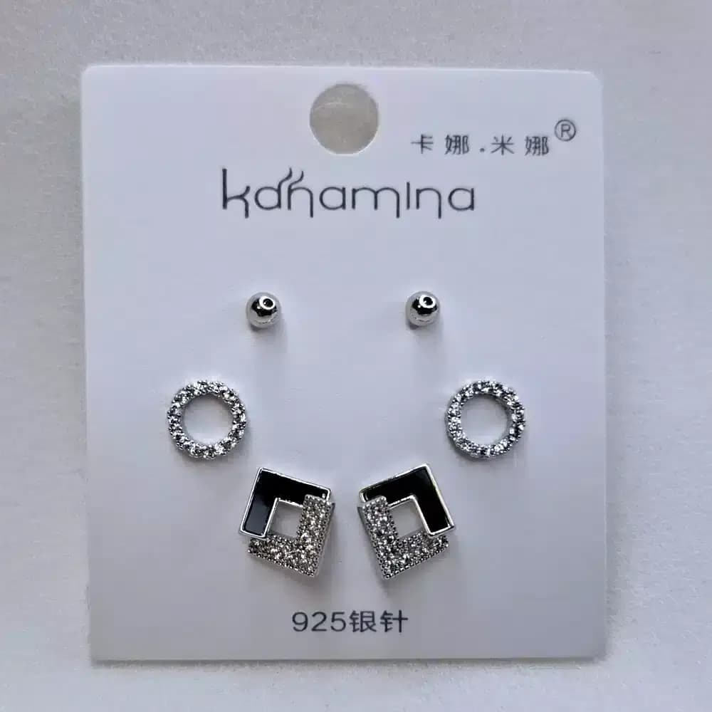 گوشواره زنانه سه تکه میخی طرح مربع و دایره کانامینا مدل Kanamina 6652
