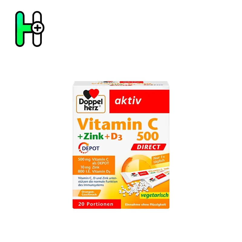 ساشه ویتامینC 500+زینک+D3 داپل هرز Doppelherz Vitamin C + Zink + D3 500