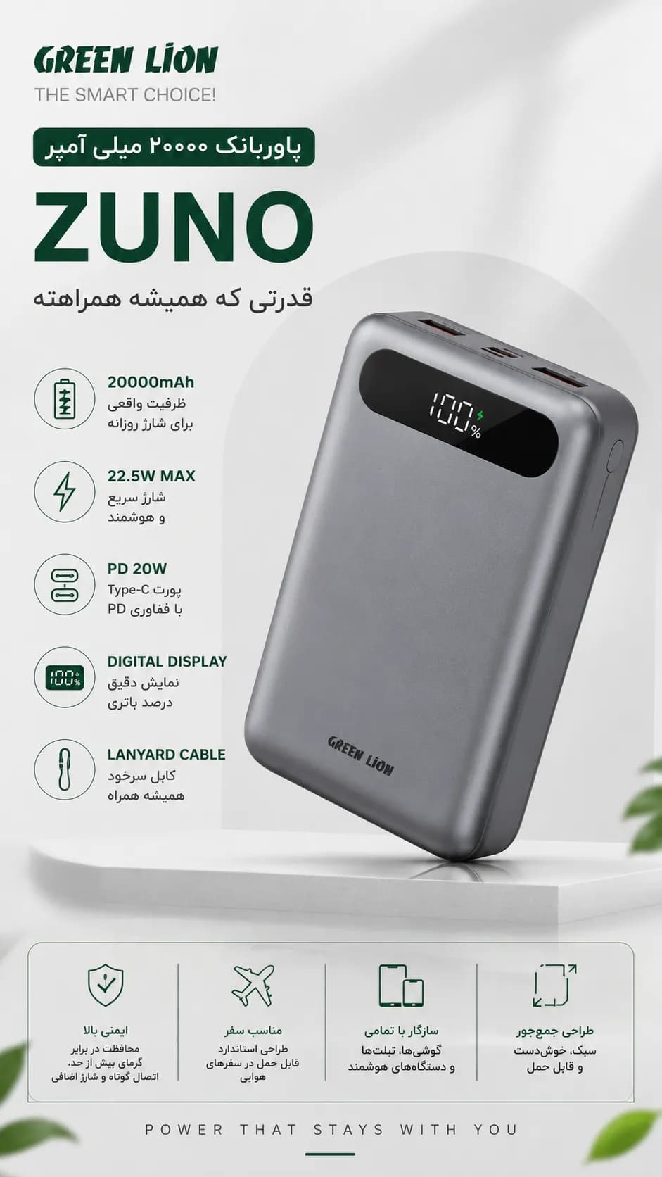 پاوربانک 20 وات گرین لاین مدل Zuno ظرفیت 20000 میلی آمپر ساعت — تصویر ۶
