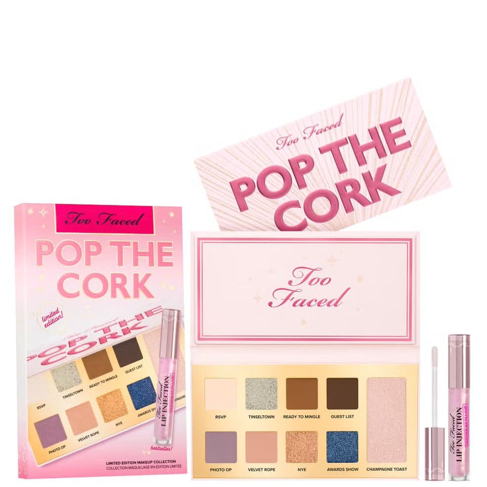 ست آرایشی Too Faced Pop The Cork | پالت سایه ۹ رنگ و لیپ گلاس حجمدهنده فولسایز
