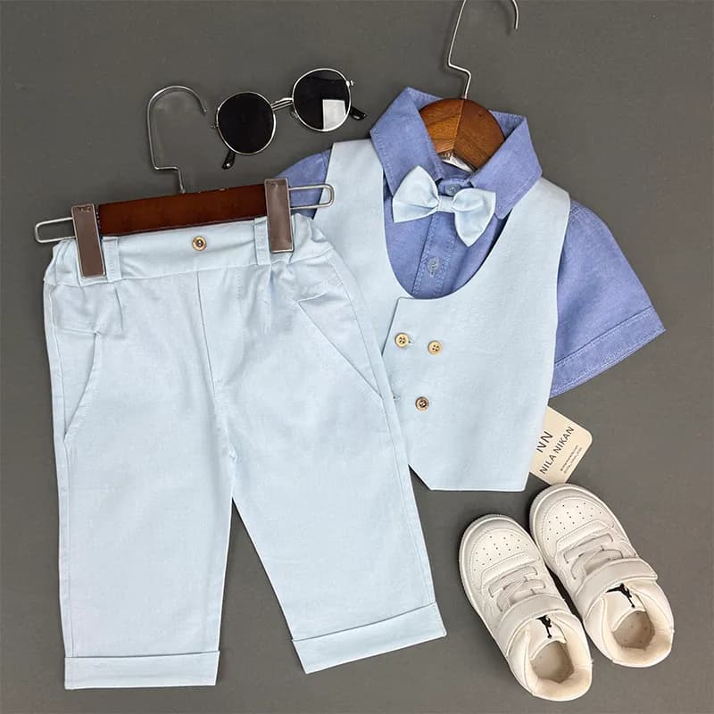 استایل آماده│ جلیقه شلوار و پاپیون آبی آسمانی کد 1497 — تصویر ۲