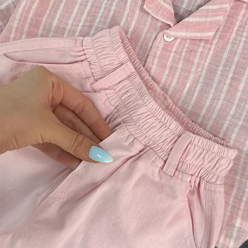 استایل آماده│شومیز رایمون و شلوارک لینن صورتی بچگانه کد 1390 — تصویر ۸