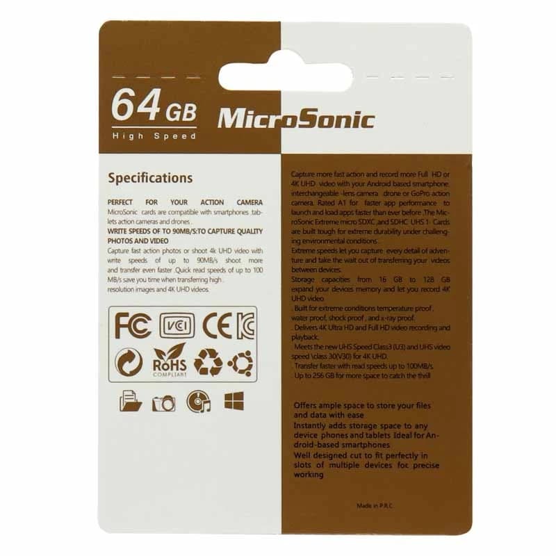 کارت حافظه MICROSD XC میکروسونیک کلاس 10 استاندارد UHS-I U3 V30 سرعت 80MBps ظرفیت 64 گیگابایت — تصویر ۳