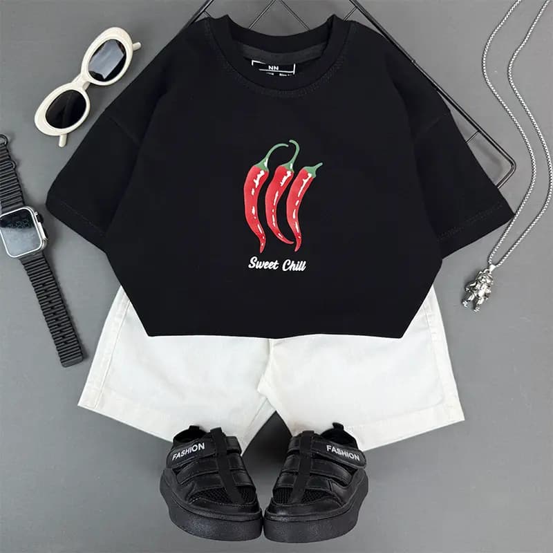 ست تیشرت چیلی و شلوارک لینن بچگانه تابستانی کد 1365