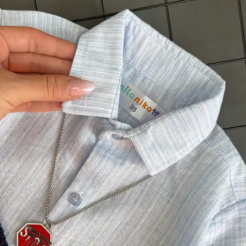 ست شومیز راه راه و شلوارک لینن بچگانه کد 1325 — تصویر ۵