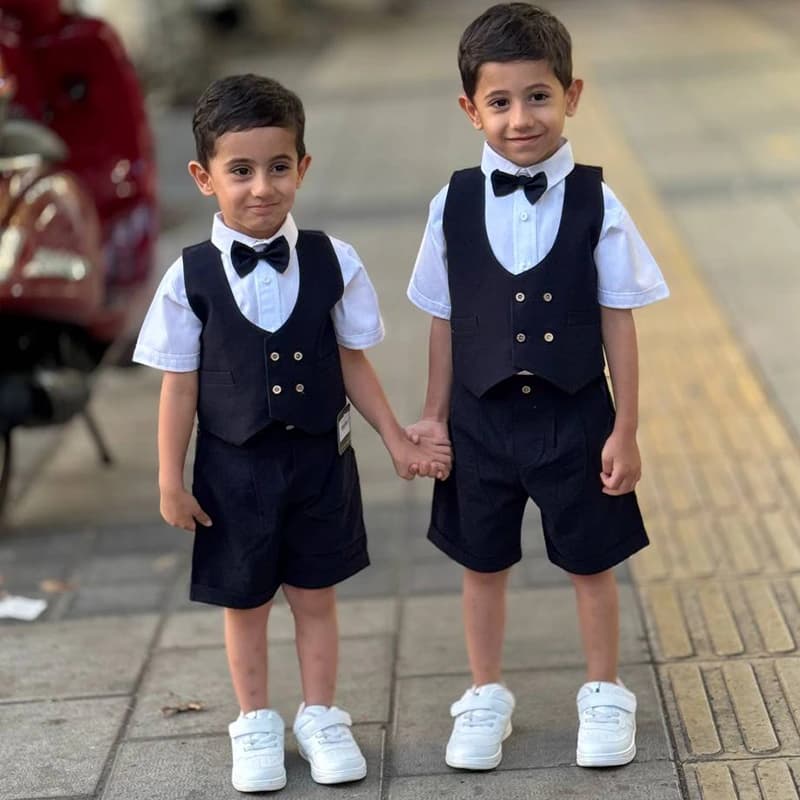 ست جلیقه شلوارک بچگانه لینن سرمه ای کد 1130 — تصویر ۸