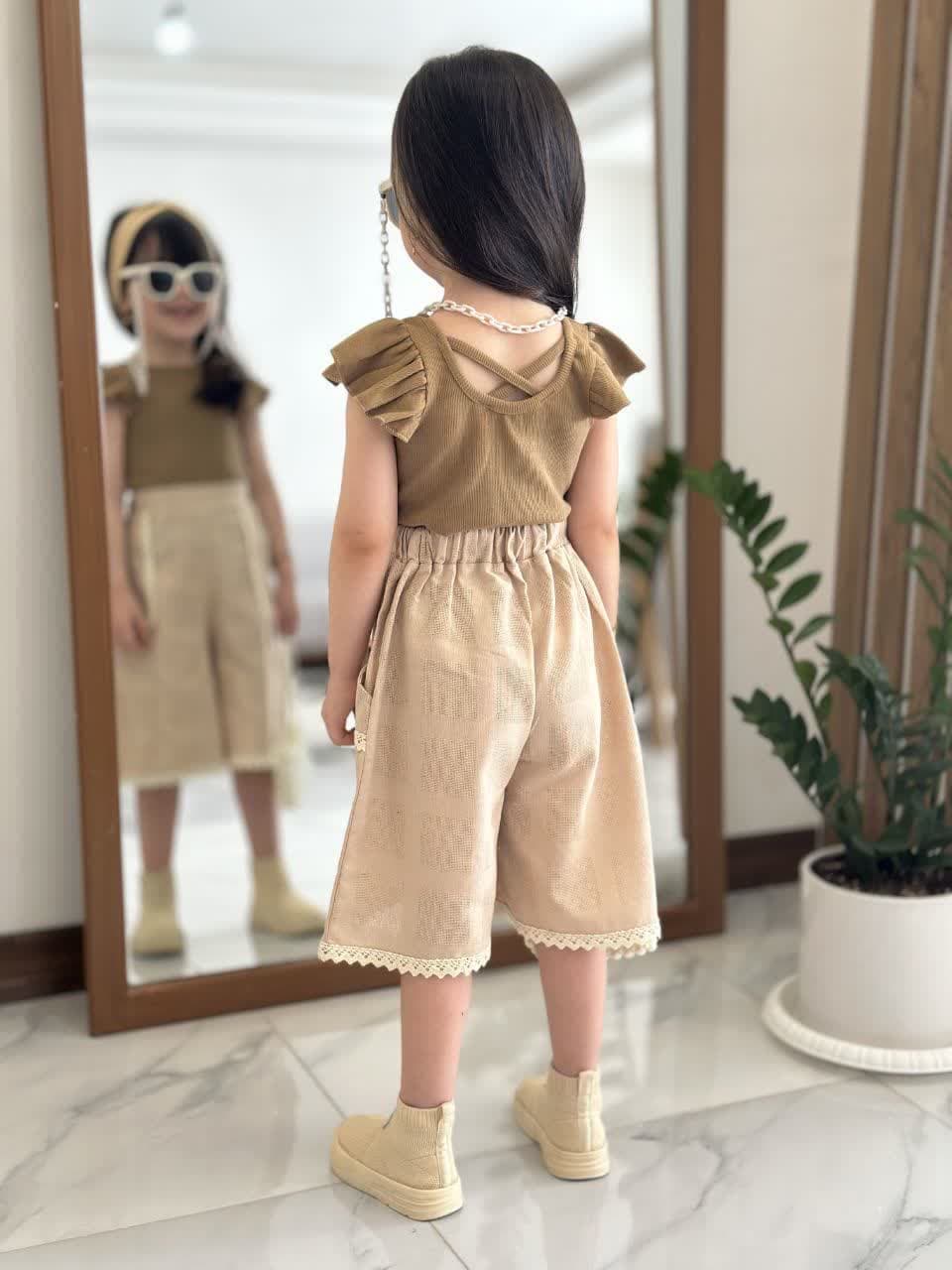 ست دوتیکه مجلسی دخترانه جنس تاپ پنبه جنس شلوارک لنین — تصویر ۴