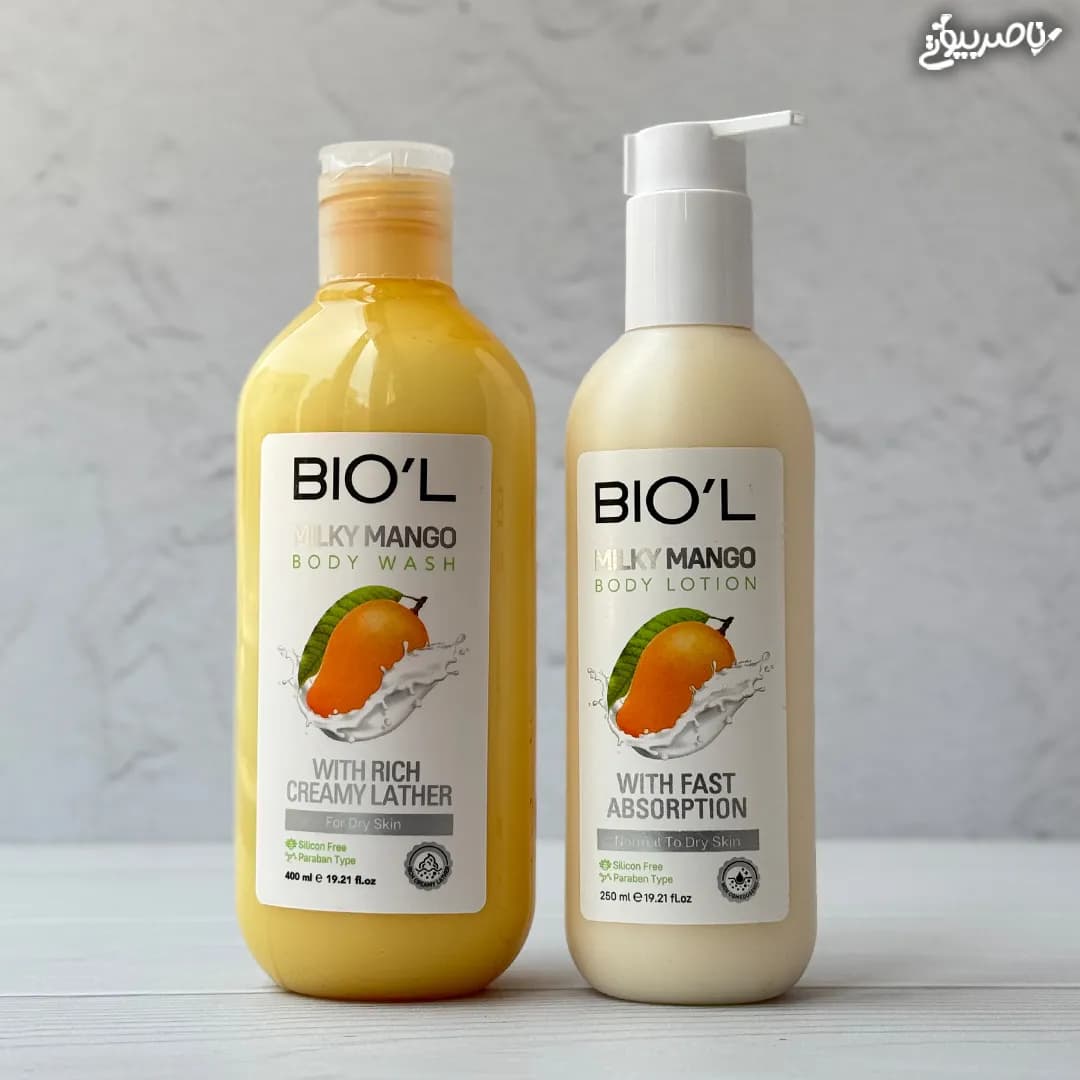 پک دو محصول لوسیون و شامپو بدن بیول رایحه انبه Milky Mango — تصویر ۲