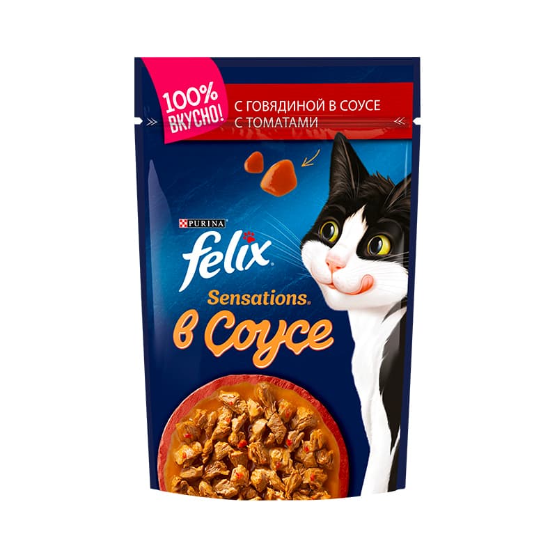 پوچ گربه فلیکس با طعم گوشت گاو در سس گوجه فرنگی Felix Sensations Beef in Tomato Sauce وزن 85 گرم