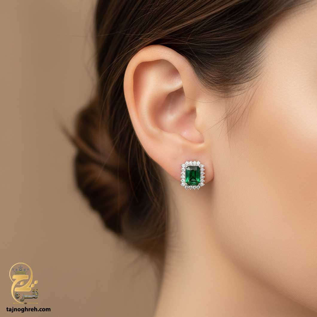 گوشواره نقره نگین دار طرح زمرد مدل ESW E85