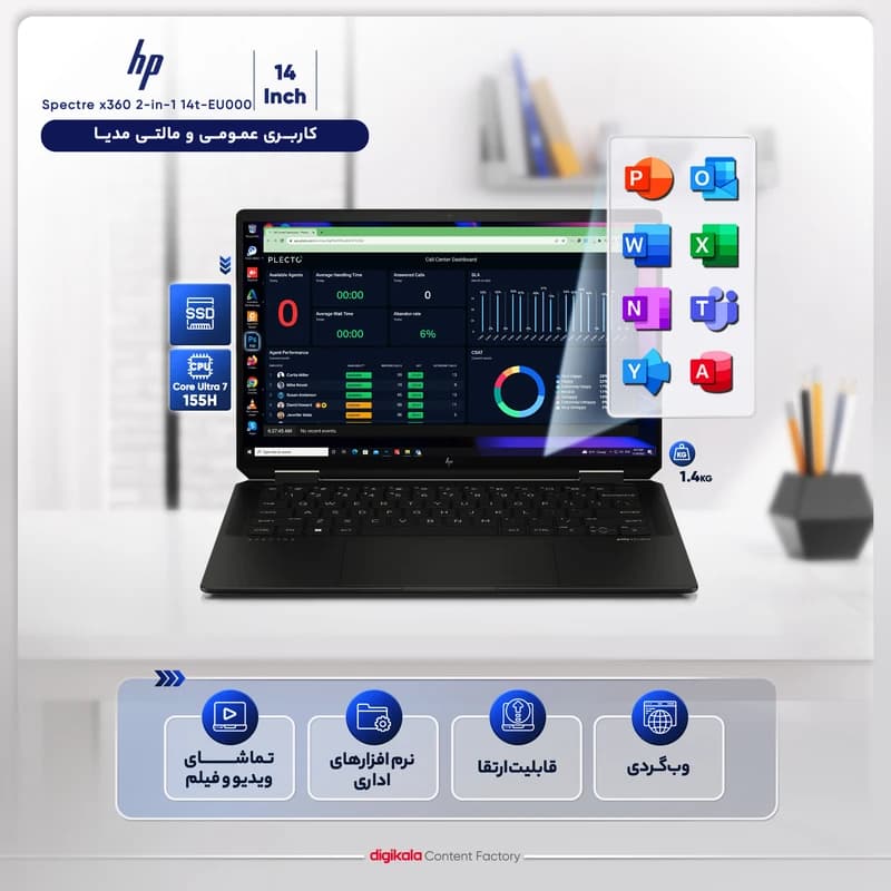 لپ تاپ 14 اینچی اچ‌ پی مدل Spectre x360 2-in-1 14t-EU000 Core Ultra 7-155H 32GB LPDDR5X 1TB SSD OLED W — تصویر ۳
