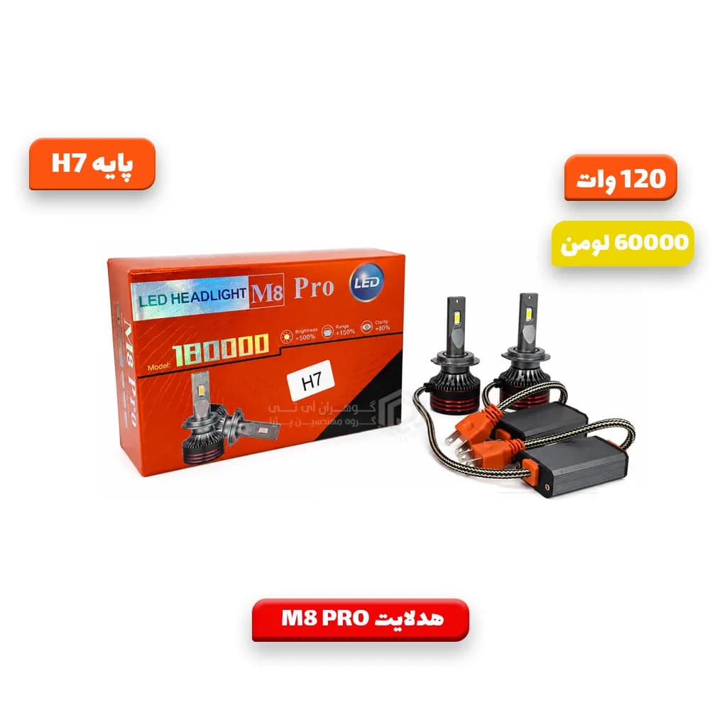 هدلایت خودرو M8 PRO اصلی پایه H7 توان 120وات و شدت نور 60000 لومن