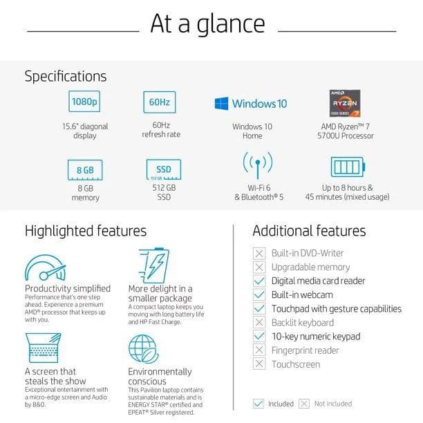 لپ تاپ اچ پی 15.6 اینچی مدل HP Pavilion 15-EH1070WM-B AMD Ryzen 7 5700U 8GB 512GB SSD AMD Radeon — تصویر ۵