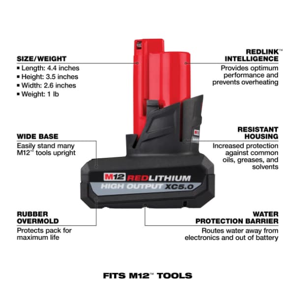 باتری 12 ولت 5 آمپر HIGH OUTPUT میلواکی M12 مدل 2450-11-48 — تصویر ۳