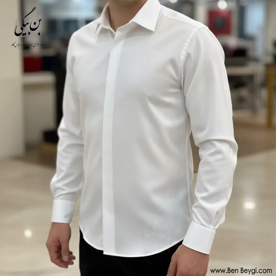 پیراهن مردانه قاپک دار پارچه آرو کجراه رنگ سفید آستین بلند کد 42593 — تصویر ۴