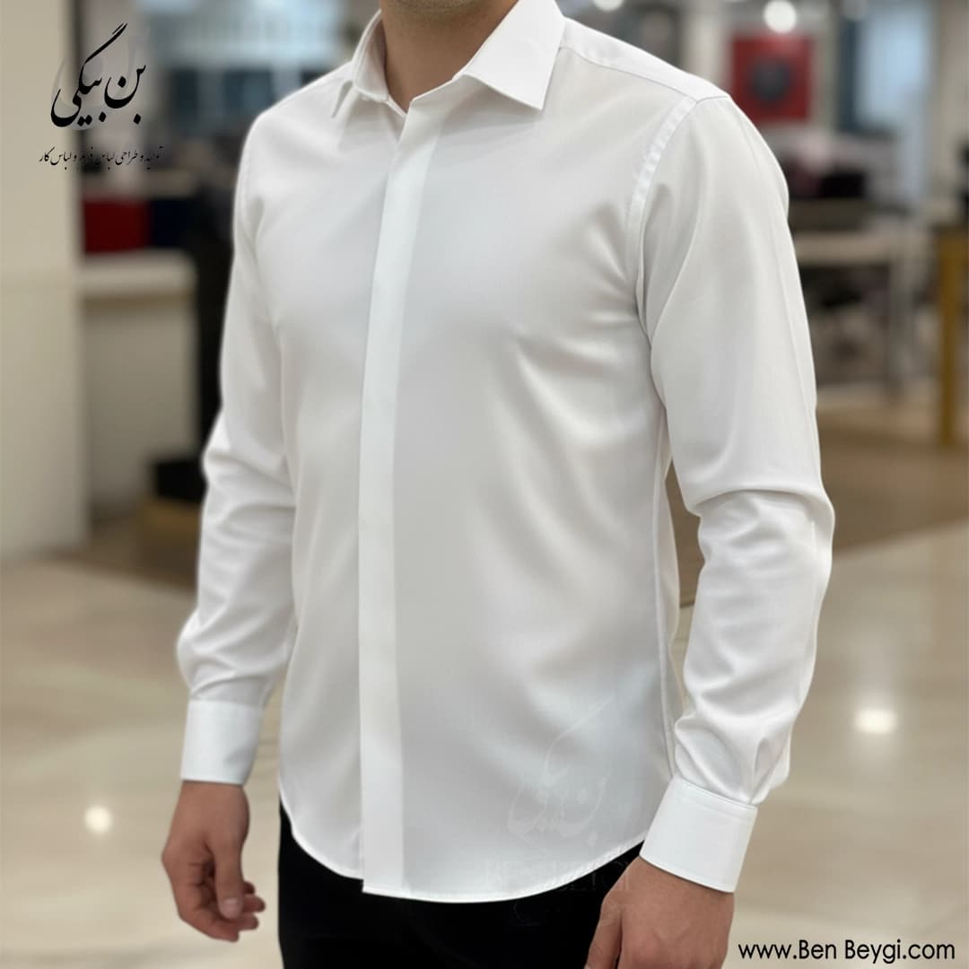 پیراهن مردانه قاپک دار پارچه آرو کجراه رنگ سفید آستین بلند کد 42593