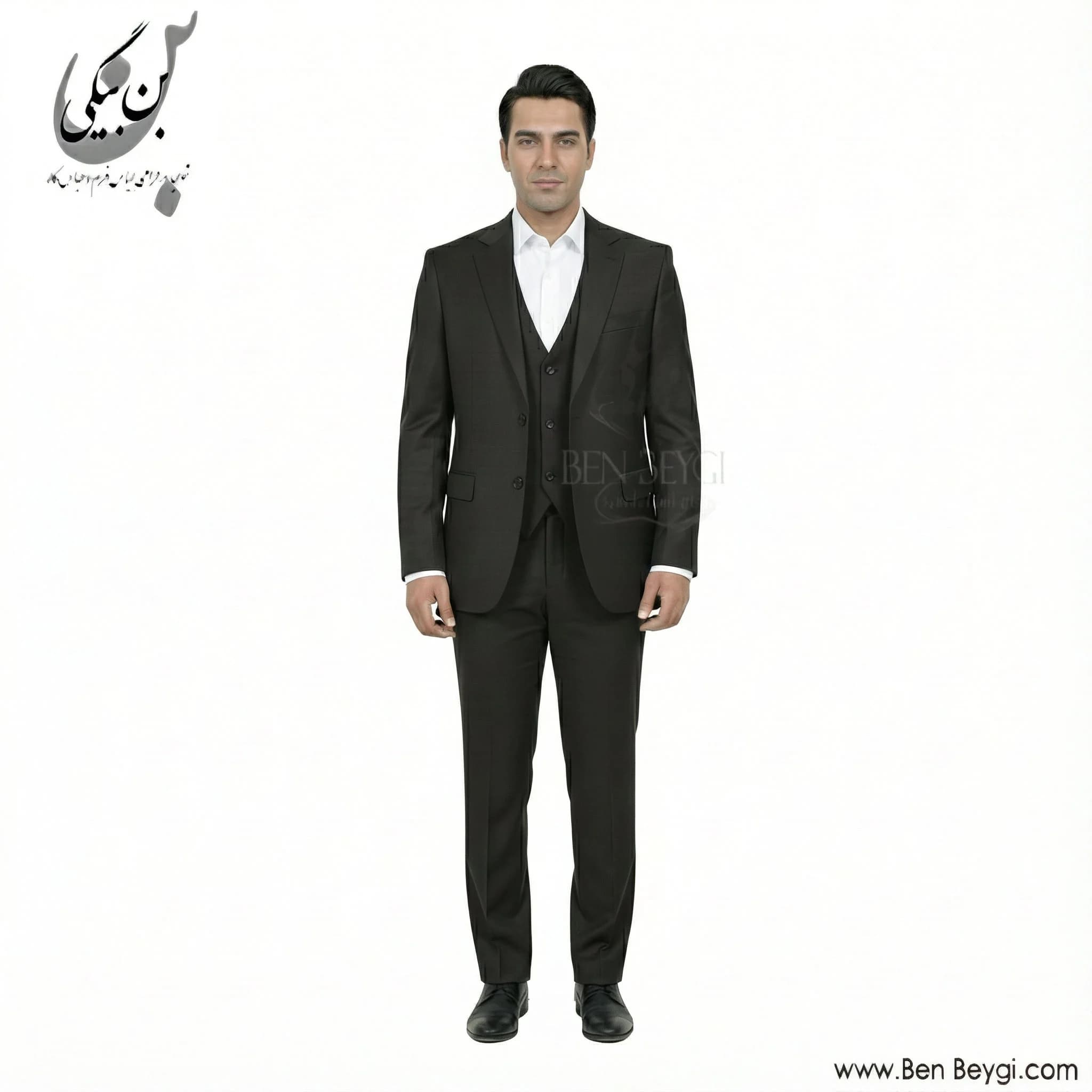 کت شلوار مردانه پارچه فاستونی یقه انگلیسی دو دکمه دو چاک رنگ مشکی کد 42020 — تصویر ۲