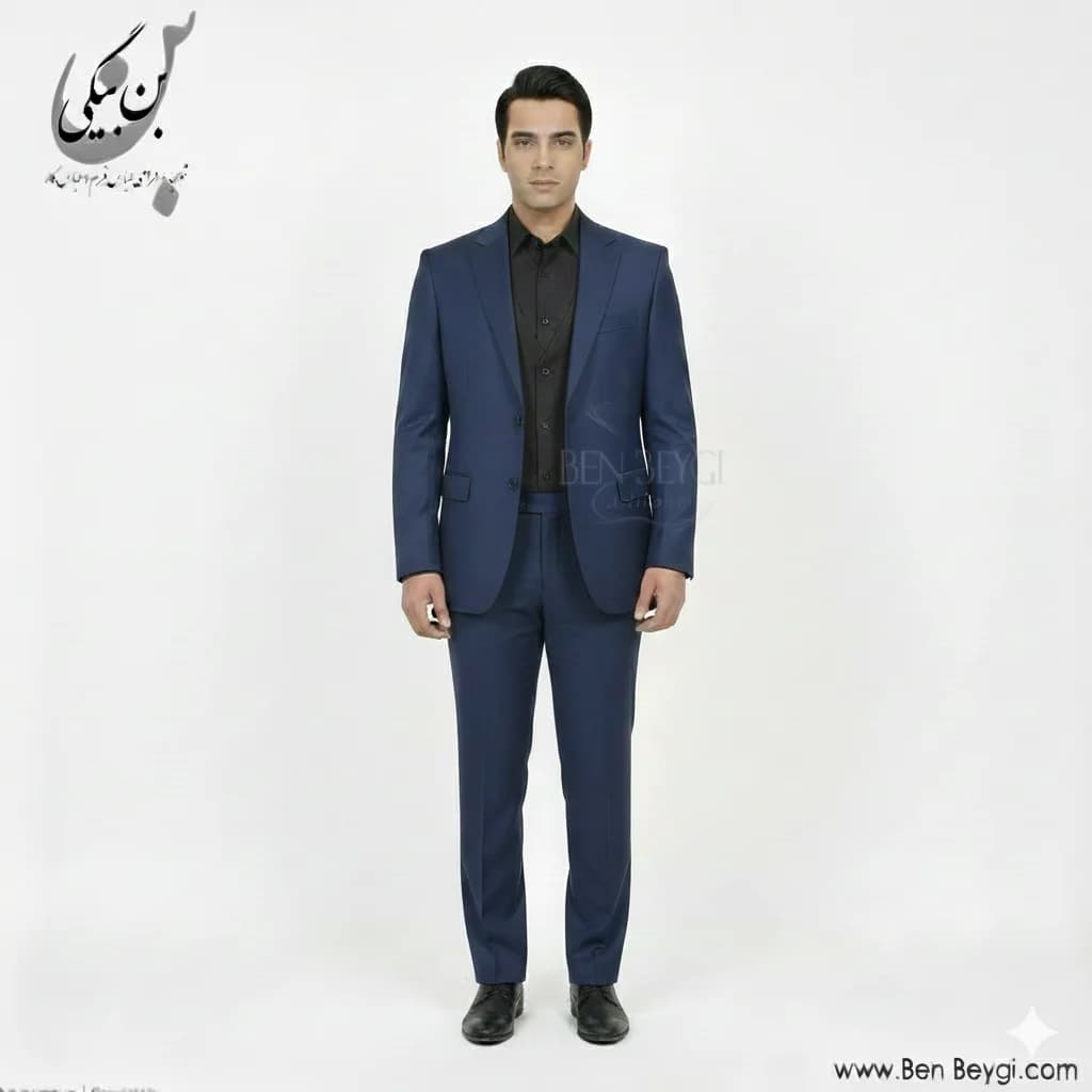 کت شلوار مردانه پارچه فاستونی یقه انگلیسی دوکمه دو چاک رنگ سرمه ای کد 42001 — تصویر ۶