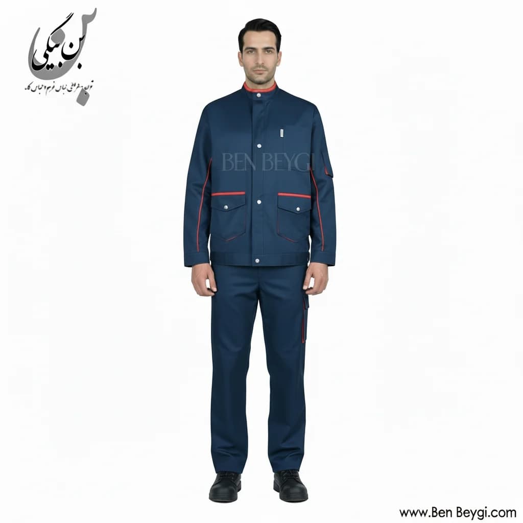 کاپشن شلوار کار پارچه کجراه مدل یقه دار قاپک دار دوجیب رنگ سرمه ای با نوار دوزی قرمز کد 41924 — تصویر ۲