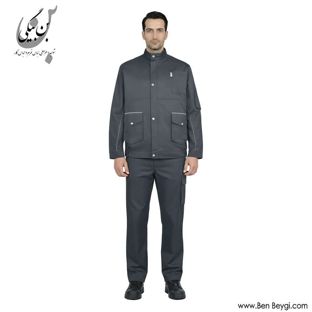 کاپشن شلوار کار پارچه کجراه مدل یقه دار قاپک دار دوجیب رنگ طوسی با نوار دوزی طوسی روشن کد 41913 — تصویر ۲