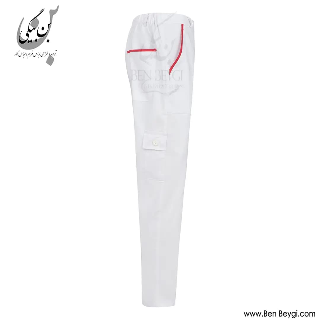 کاپشن شلوار کار پارچه کجراه مدل یقه دار قاپک دار چهارجیب درب دار رنگ سفید با مغزی دوزی قرمز کد 41732 — تصویر ۶