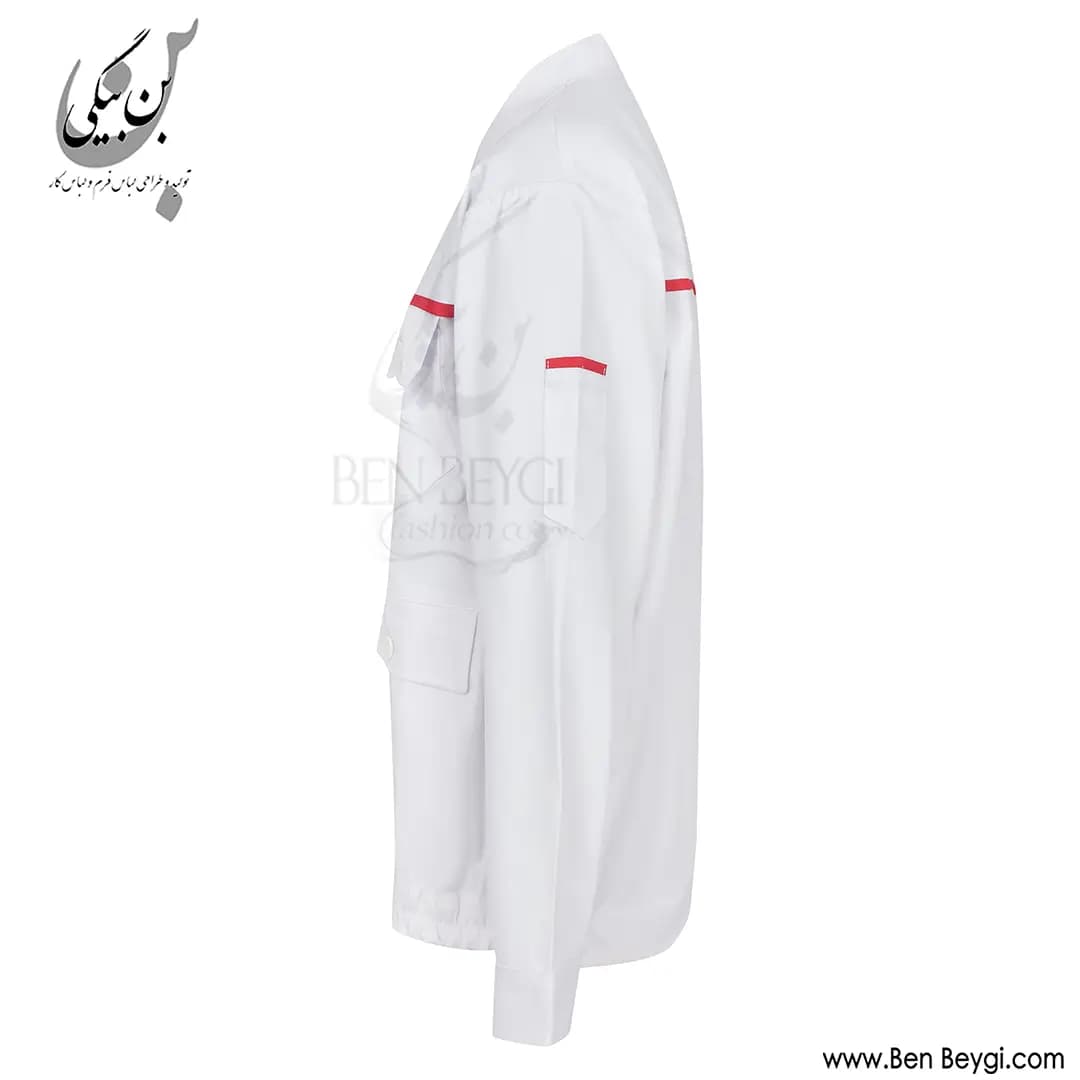کاپشن شلوار کار پارچه کجراه مدل یقه دار قاپک دار چهارجیب درب دار رنگ سفید با مغزی دوزی قرمز کد 41732 — تصویر ۵