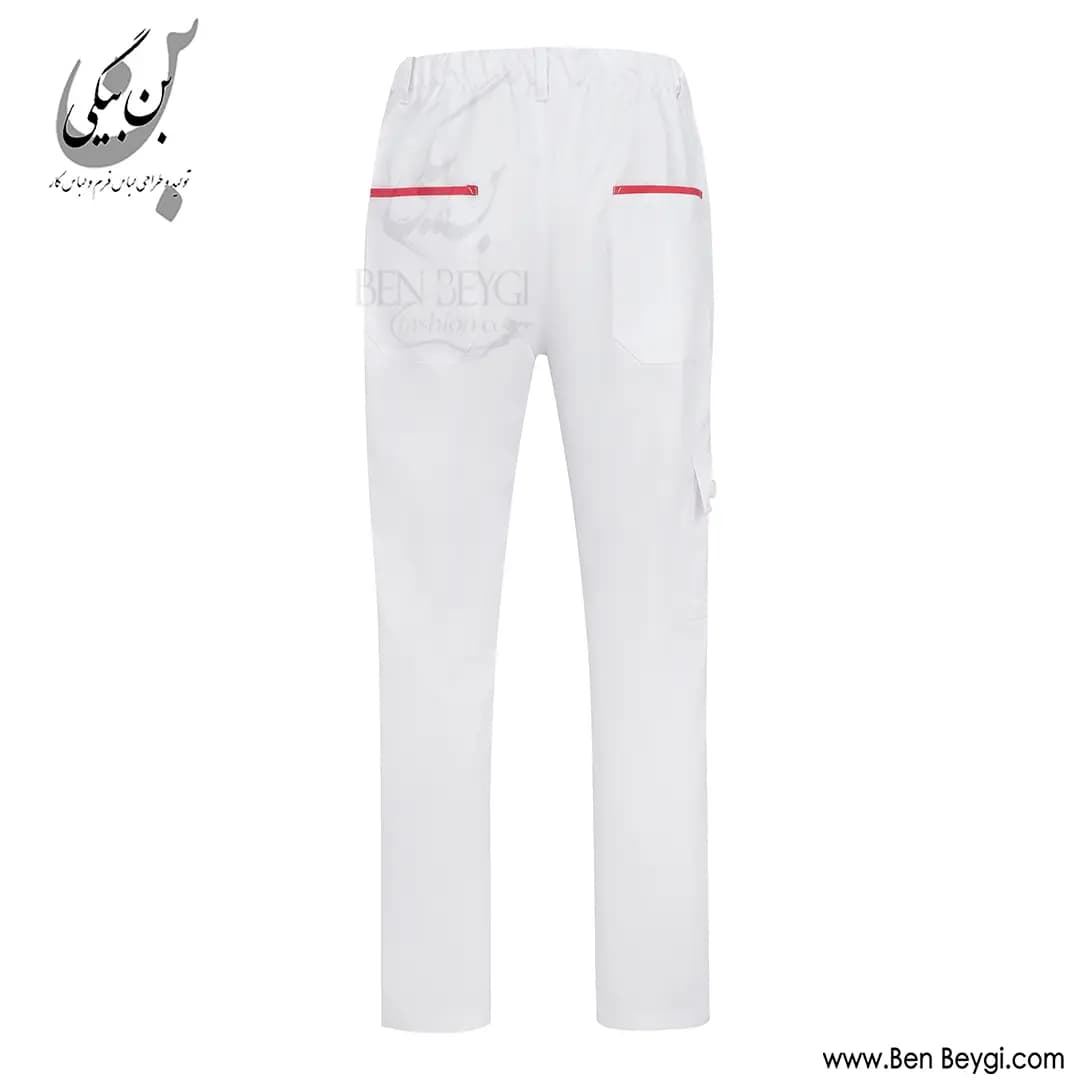کاپشن شلوار کار پارچه کجراه مدل یقه دار قاپک دار چهارجیب درب دار رنگ سفید با مغزی دوزی قرمز کد 41732 — تصویر ۷