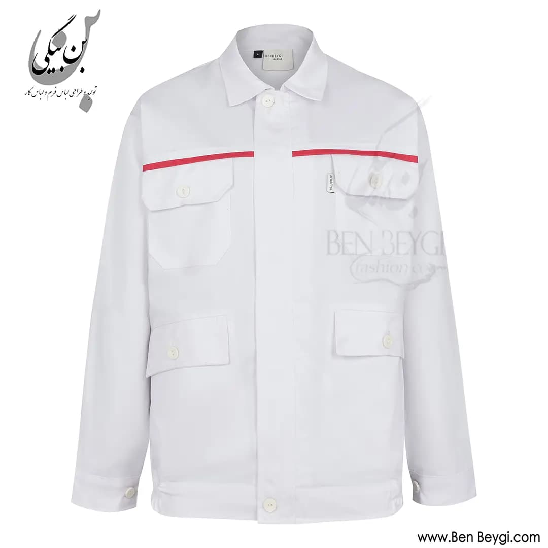 کاپشن شلوار کار پارچه کجراه مدل یقه دار قاپک دار چهارجیب درب دار رنگ سفید با مغزی دوزی قرمز کد 41732 — تصویر ۳