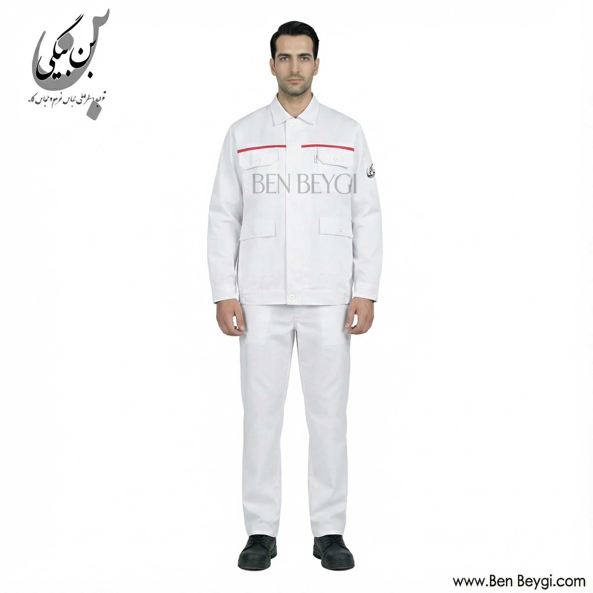 کاپشن شلوار کار پارچه کجراه مدل یقه دار قاپک دار چهارجیب درب دار رنگ سفید با مغزی دوزی قرمز کد 41732