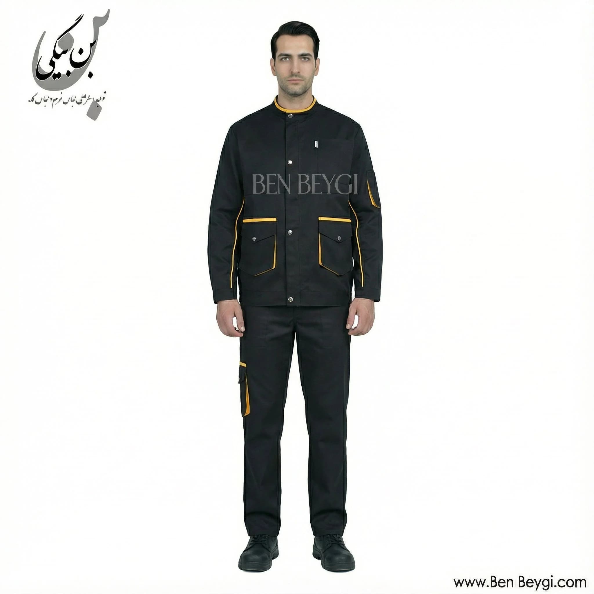 کاپشن کار با شلوار پارچه کجراه قاپک دار دو جیب درب دار یقه ایستاده رنگ مشکی و زرد کد 41578 — تصویر ۲