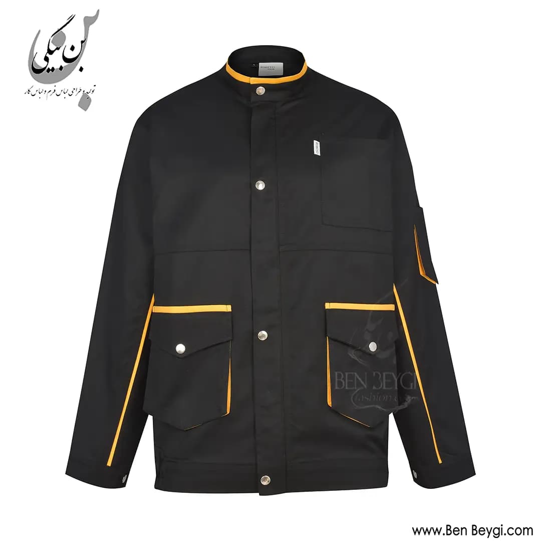 کاپشن کار با شلوار پارچه کجراه قاپک دار دو جیب درب دار یقه ایستاده رنگ مشکی و زرد کد 41578 — تصویر ۳