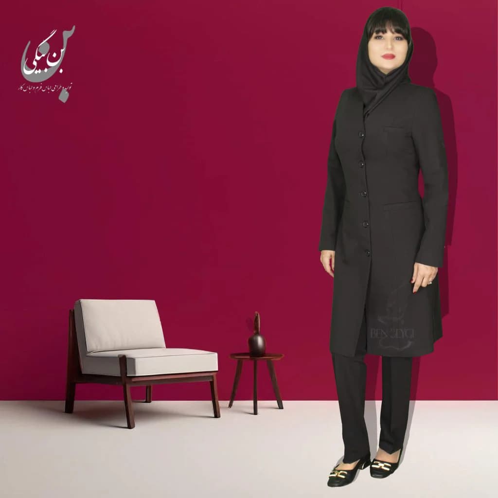 مانتو شلوار اداری مشکی پارچه فیونا پنج دکمه یقه هفت مغزی دوزی کد 33466 — تصویر ۵